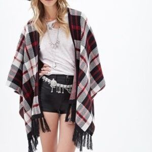 OhMG! Red, Black & White Plaid Fringe Shrug Poncho Sweater Size XL